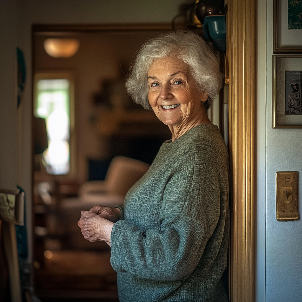 Une dame âgée souriante se tenant à côté de la porte et regardant quelqu'un | Source : Midjourney