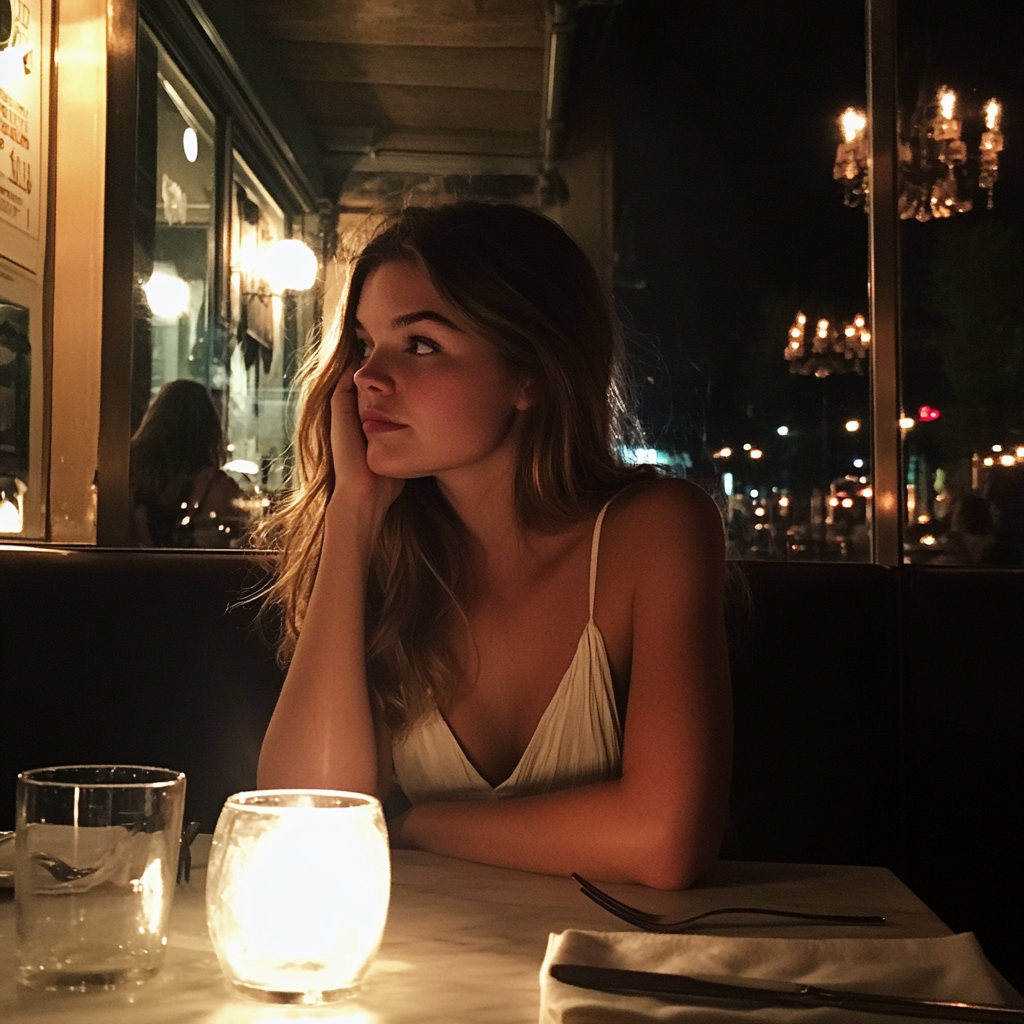 Une femme assise dans un restaurant | Source : Midjourney