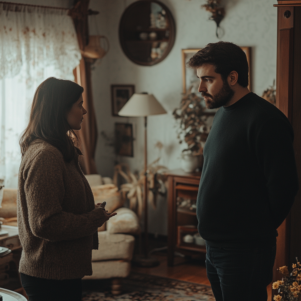 Un couple sérieux qui discute dans son salon | Source : Midjourney