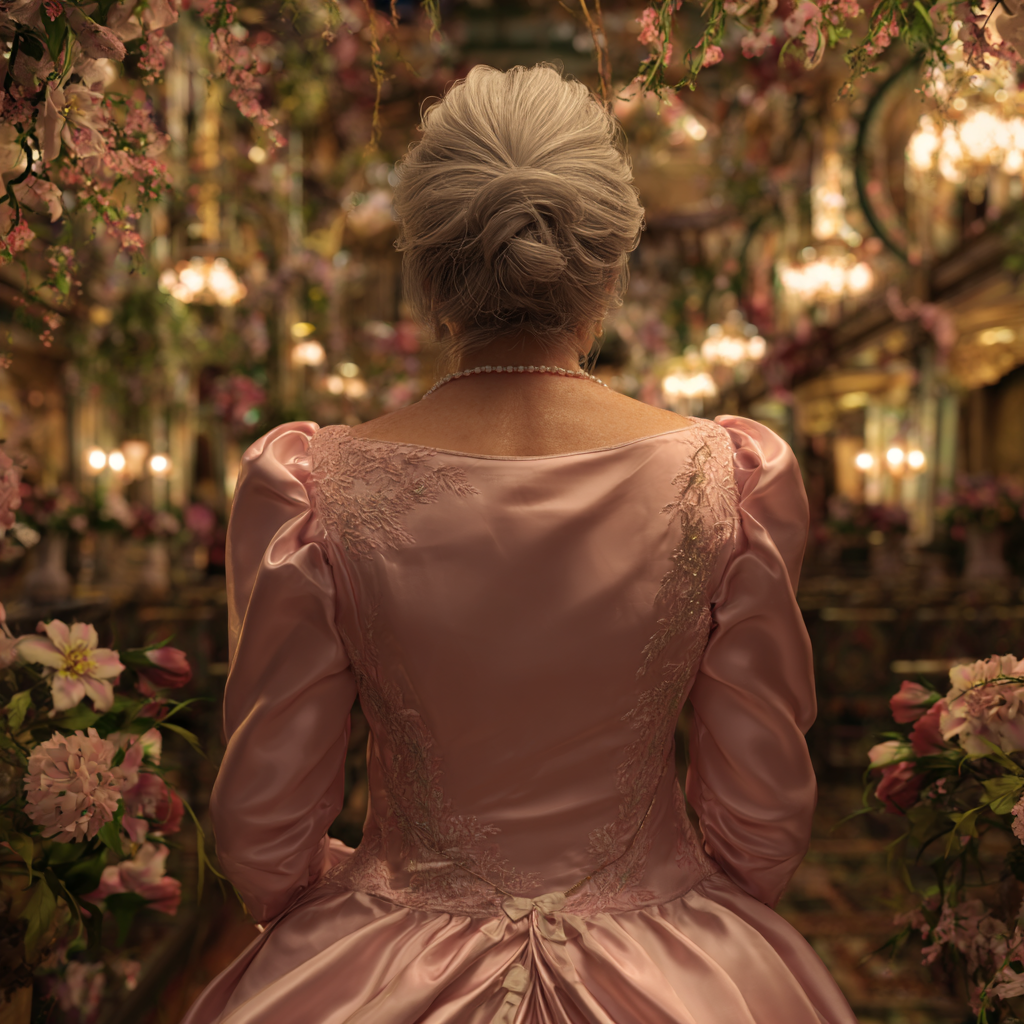 Une femme âgée dans une robe de satin rose | Source : Midjourney