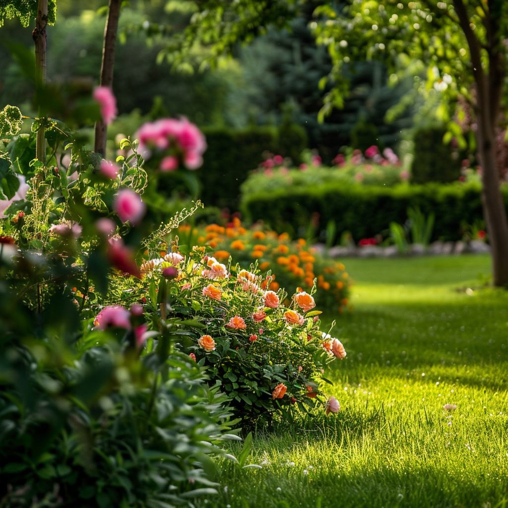 De beaux buissons de fleurs dans un jardin | Source : Midjourney