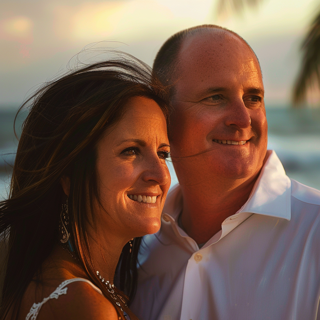 Gros plan d'un couple heureux souriant sur la plage | Source : Midjourney