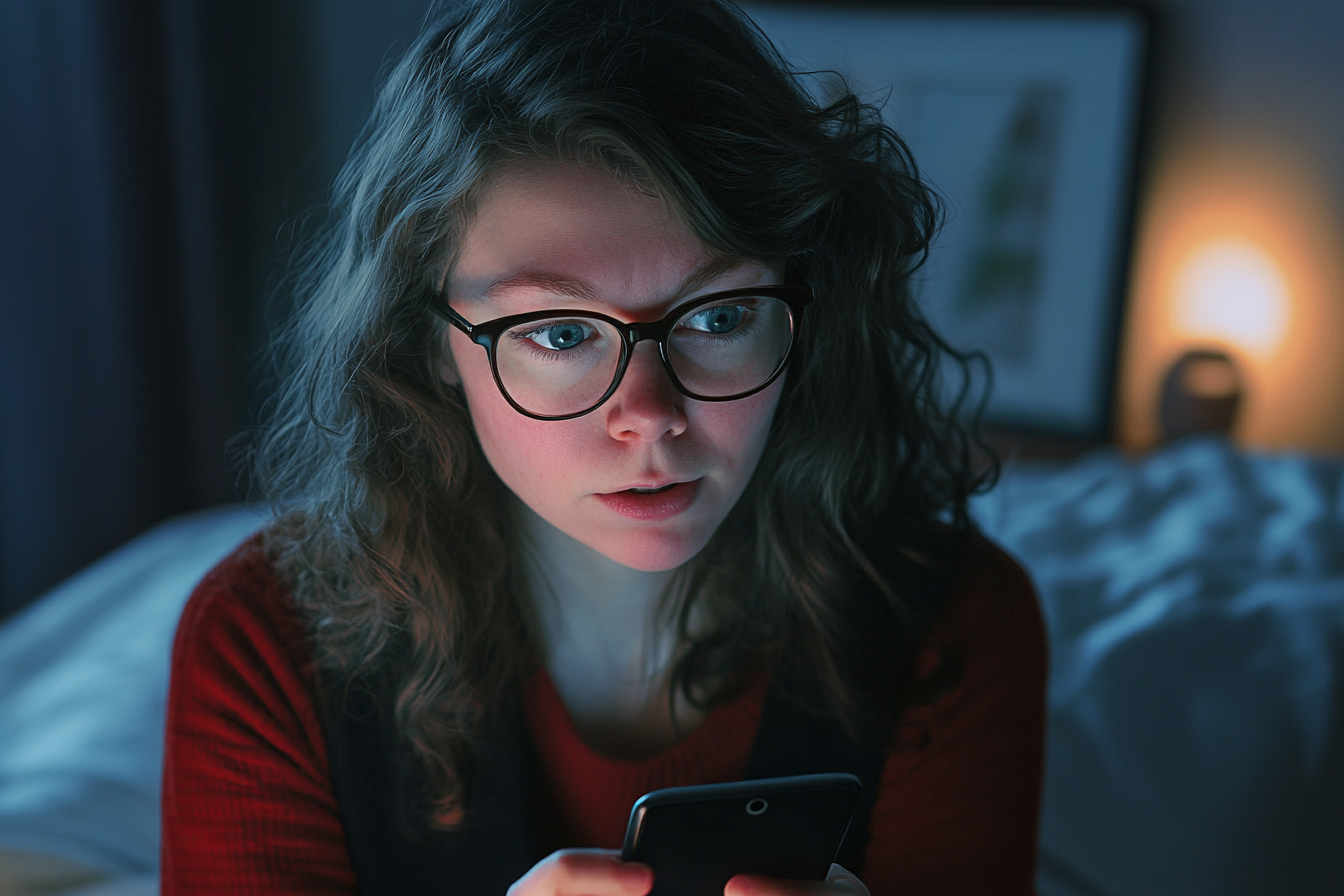 Une femme détournant le regard du téléphone qu'elle tient dans ses mains | Source : Midjourney