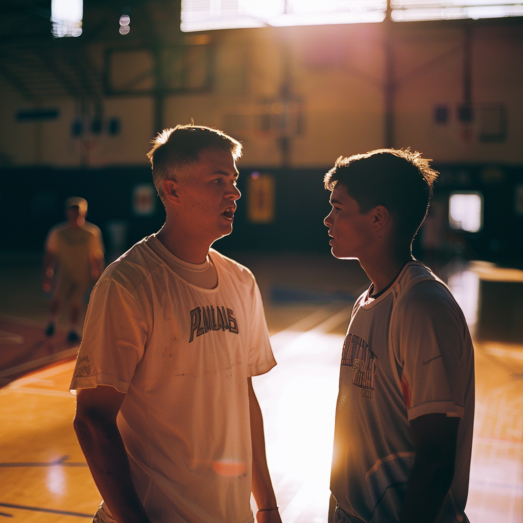 Le coach Daniels gronde Ethan à l'entraînement de basket | Source : Midjourney