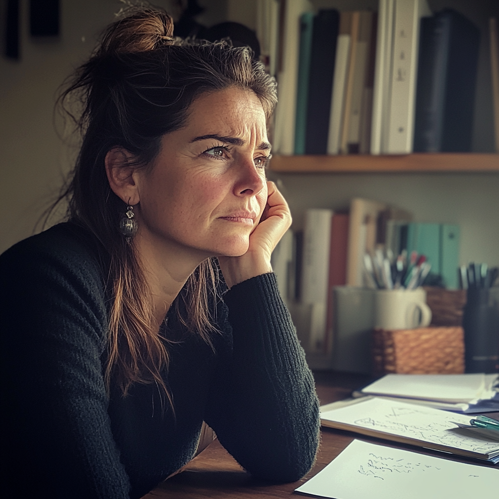 Une femme contrariée assise à un bureau | Source : Midjourney