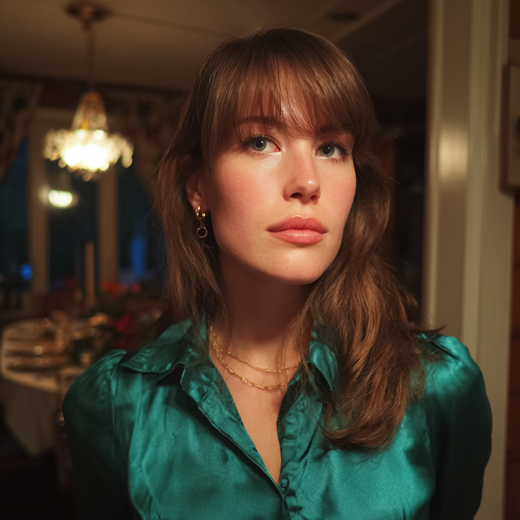 Une femme pensive debout dans un salon | Source : Midjourney