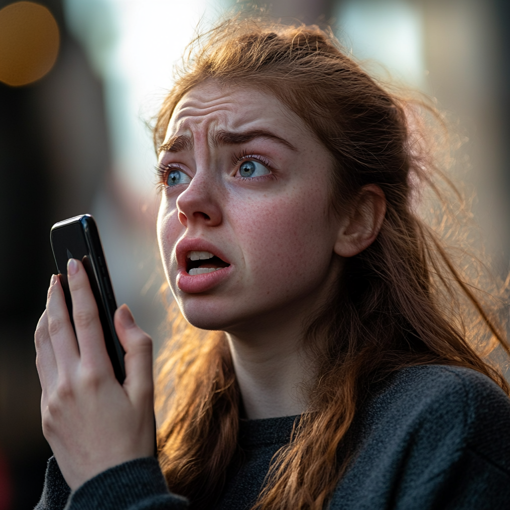 Une femme a l'air désespérée et émotive tout en parlant au téléphone | Source : Midjourney