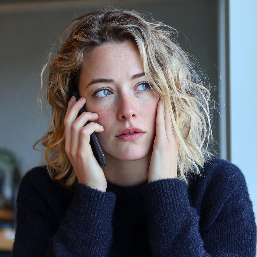 Une femme se tenant le visage et parlant au téléphone | Source : Midjourney