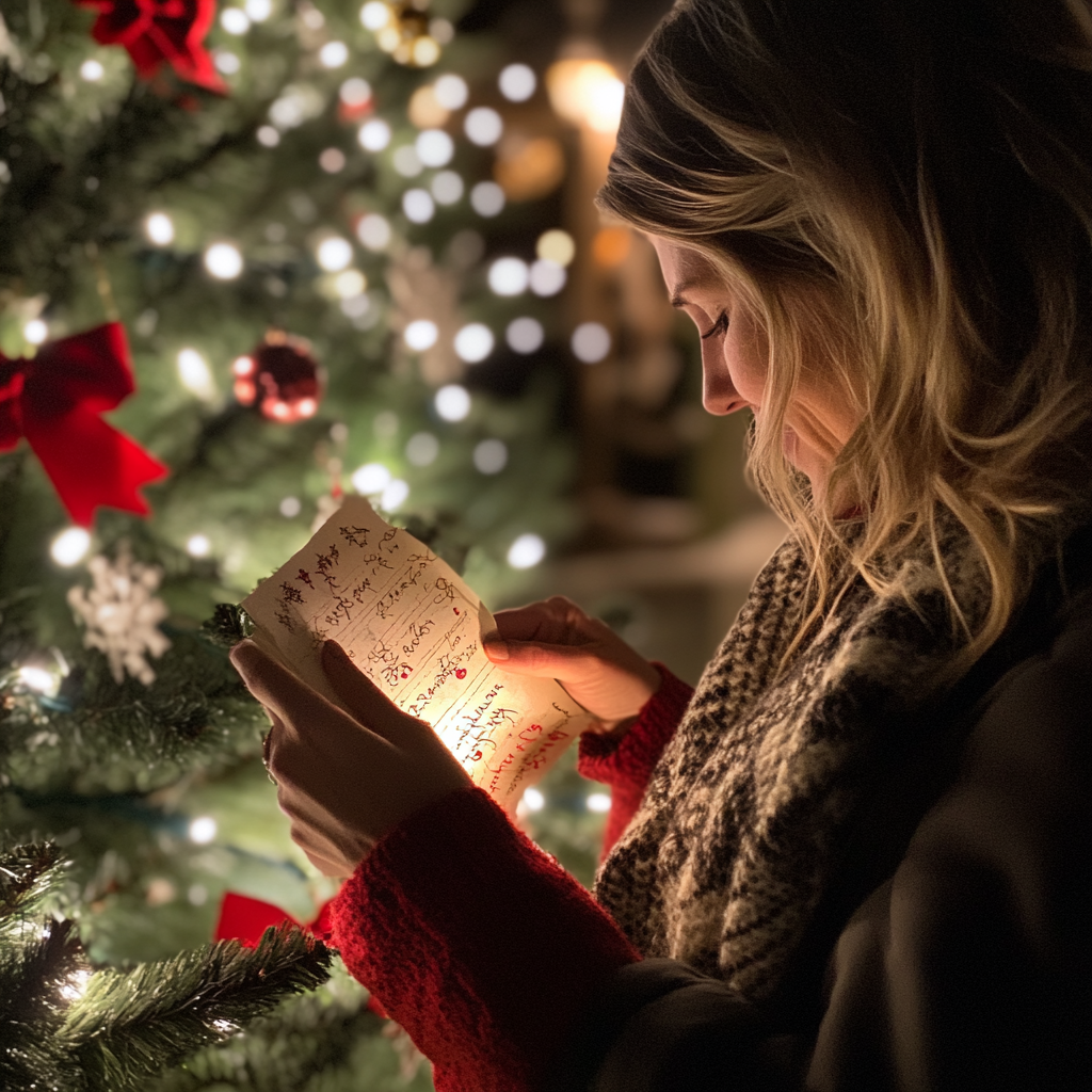 Femme lisant une note à côté d'un arbre de Noël | Source : Midjourney