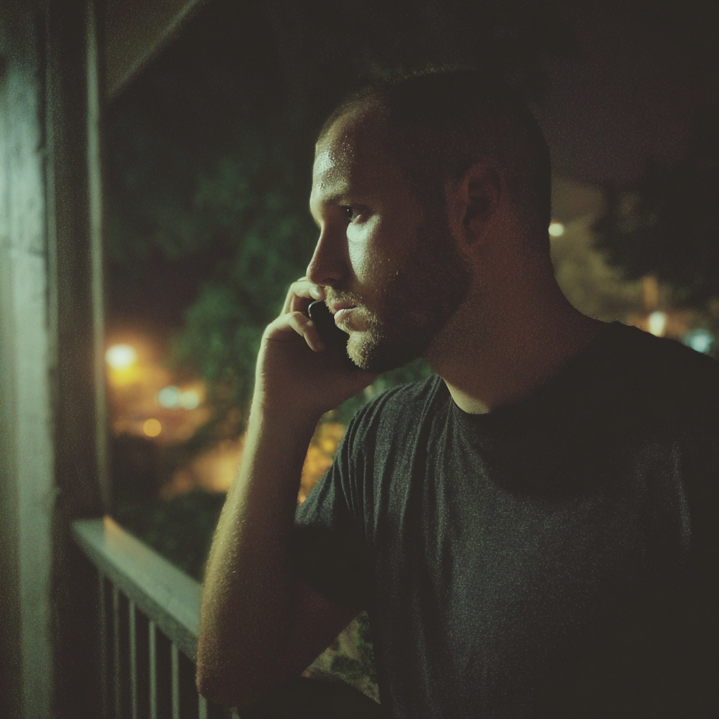 Un homme debout sous un porche et parlant au téléphone | Source : Midjourney