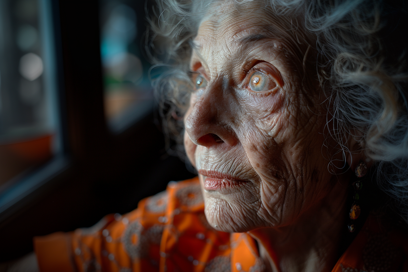 Gros plan sur une femme âgée assise dans la rue | Source : Midjourney