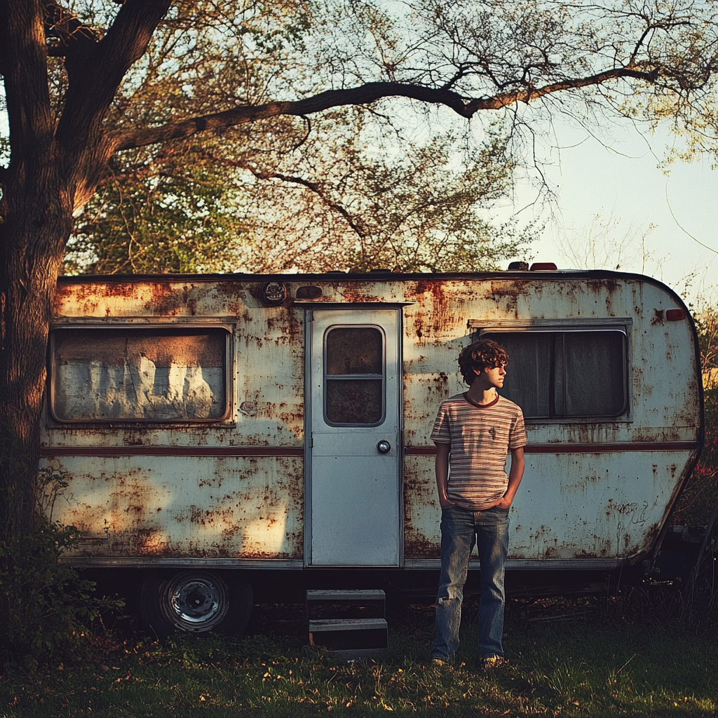 Adolescent debout devant une vieille caravane | Source : Midjourney