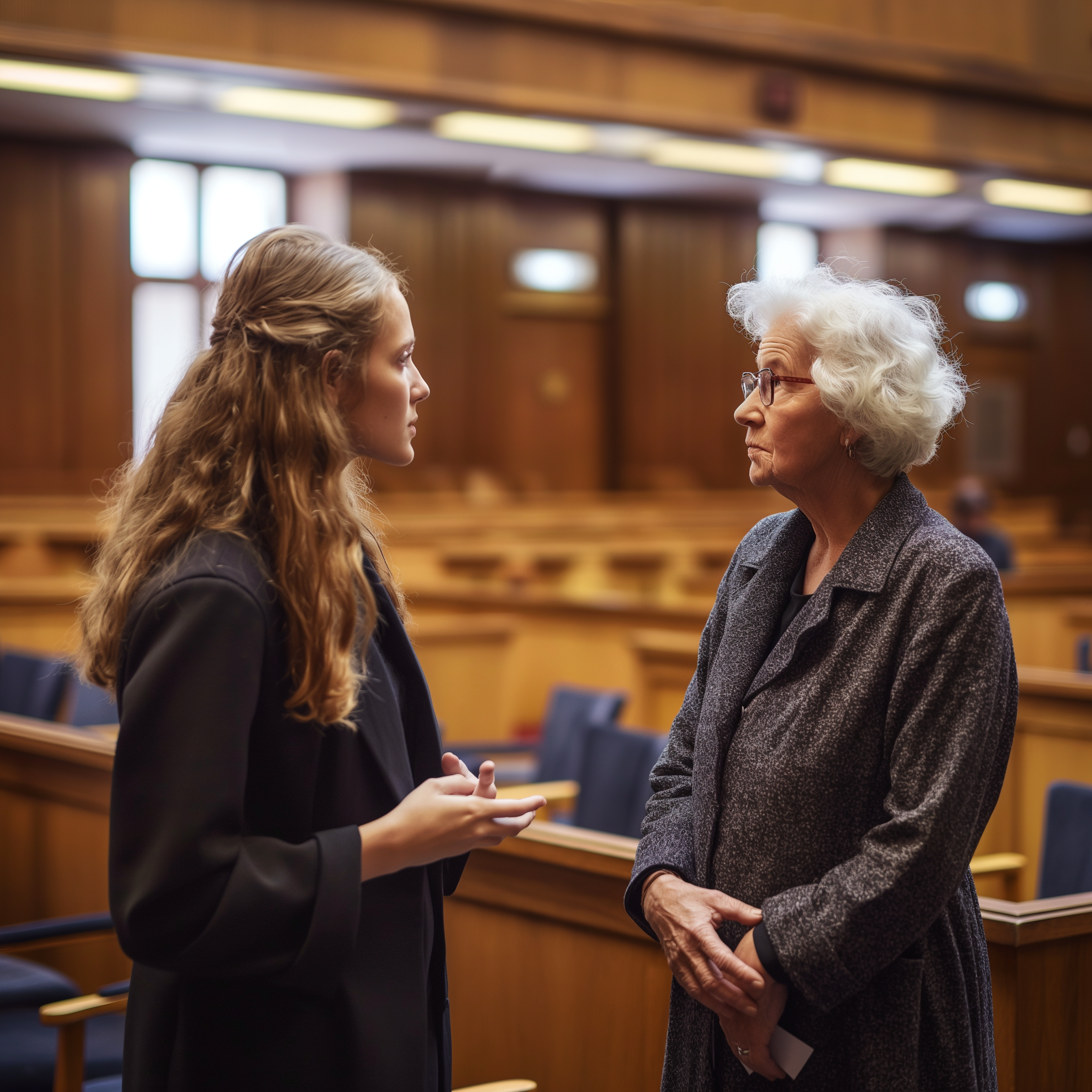 Une avocate parle à sa mère âgée dans une salle d'audience vide | Source : Midjourney