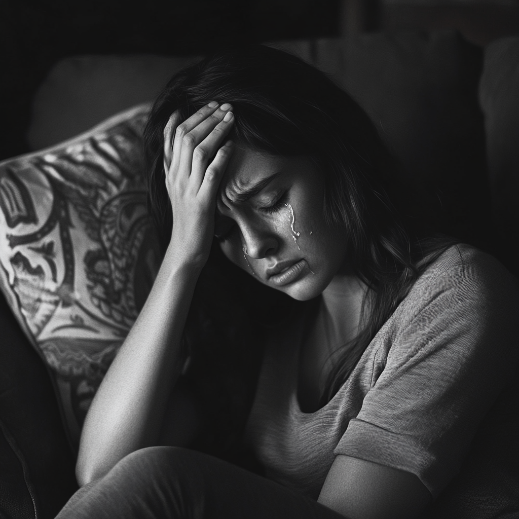 Une jeune femme pleurant sur le canapé | Source : Midjourney