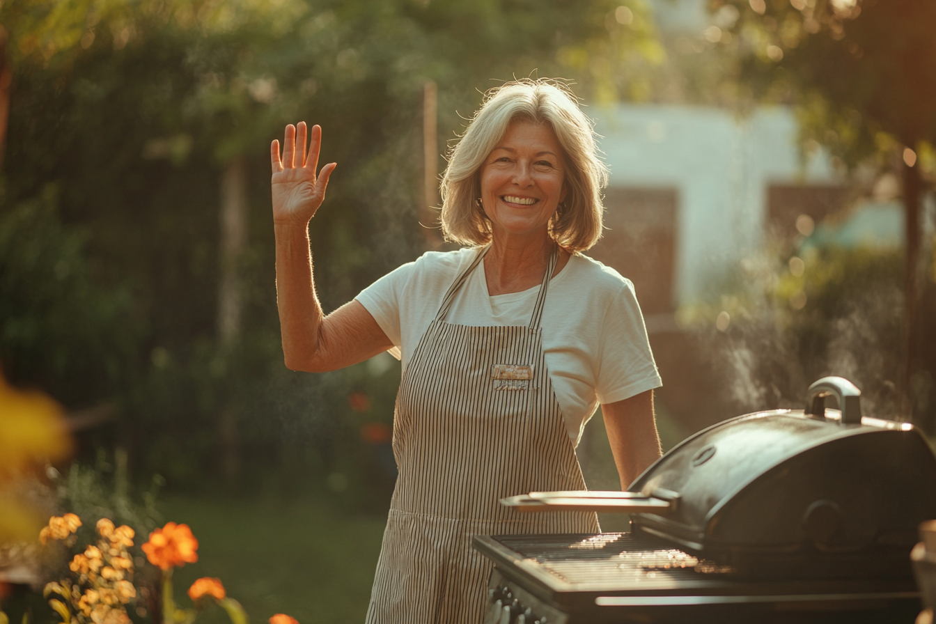 A woman near a grill waves | Source: Midjourney