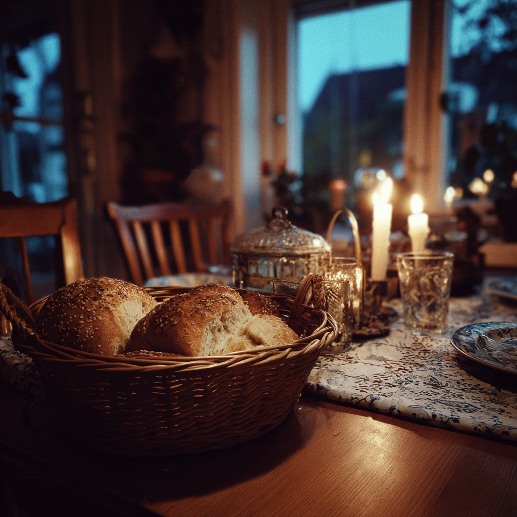 Une corbeille de pain sur une table de dîner | Source : Midjourney