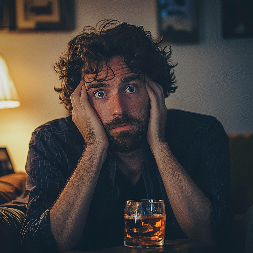 Un homme choqué avec un verre de whisky | Source : Midjourney