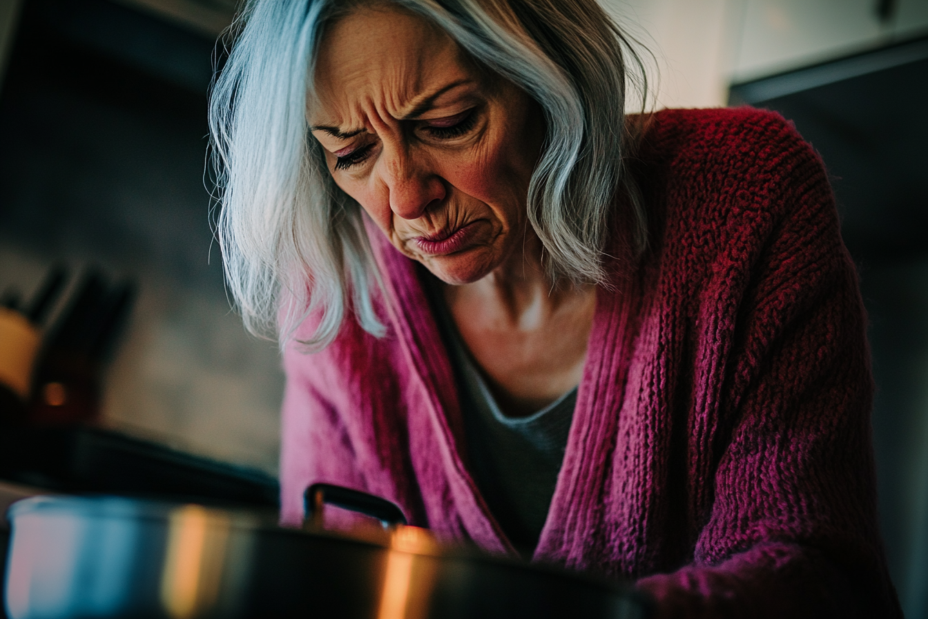 Femme d'une cinquantaine d'années regardant avec dégoût une casserole sur le feu dans la cuisine | Source : Midjourney