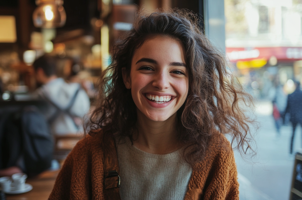 Une femme souriante dans un café | Source : Midjourney