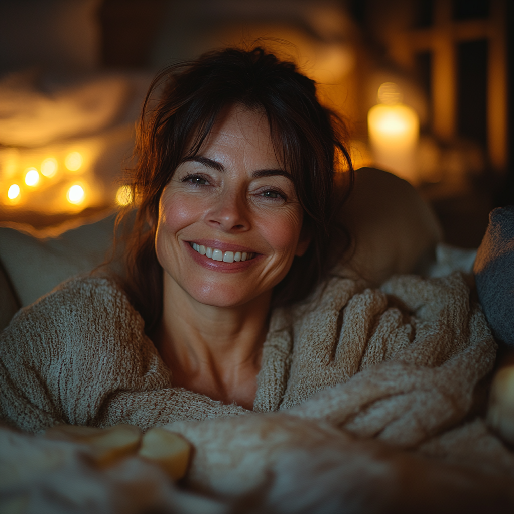 Une femme qui rit dans son lit | Source : Midjourney