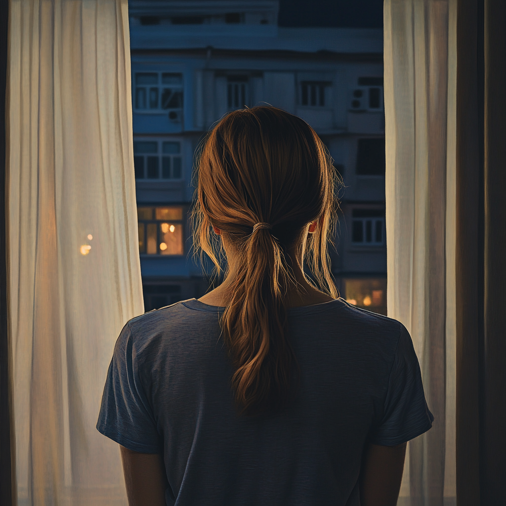 Une femme regardant par la fenêtre de sa chambre | Source : Midjourney