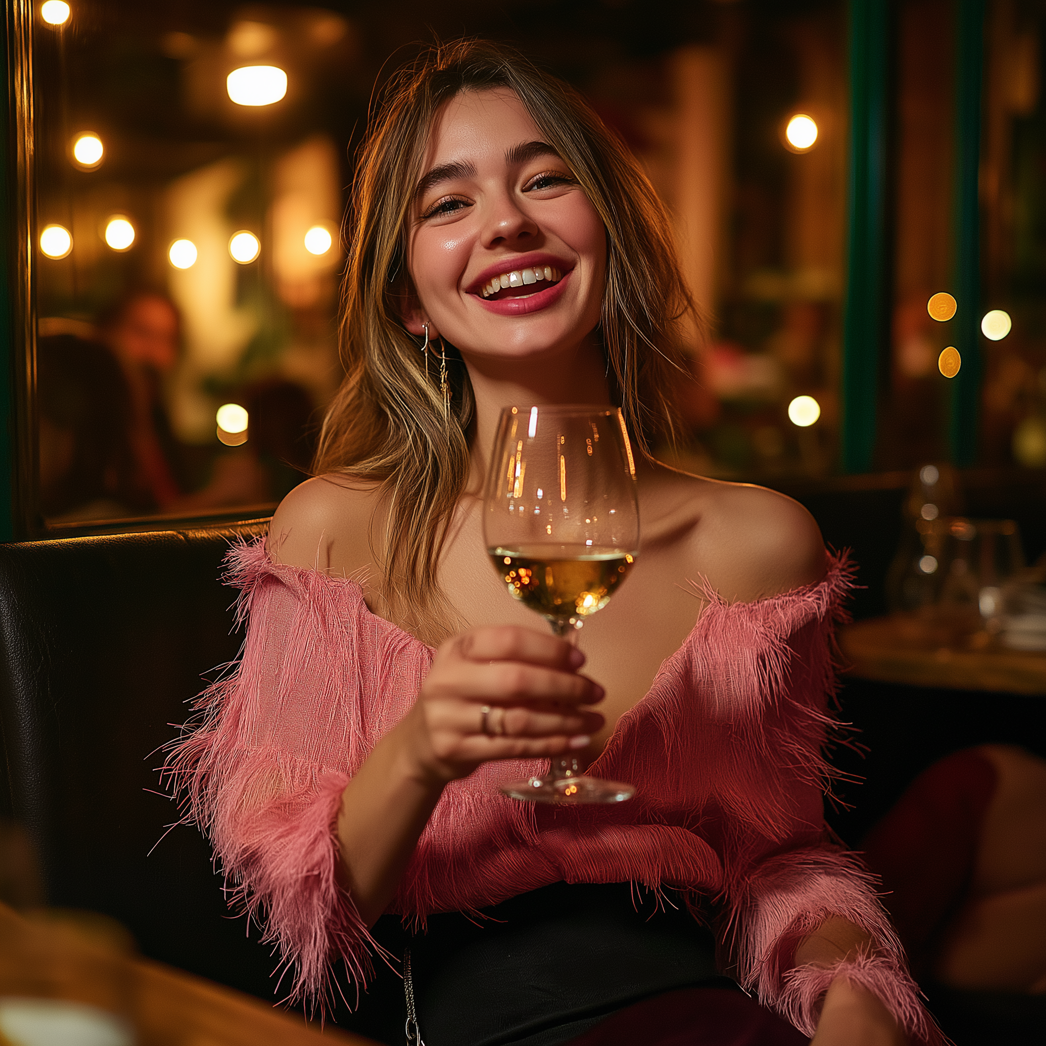 Une femme tenant un verre de vin et riant | Source : Midjourney