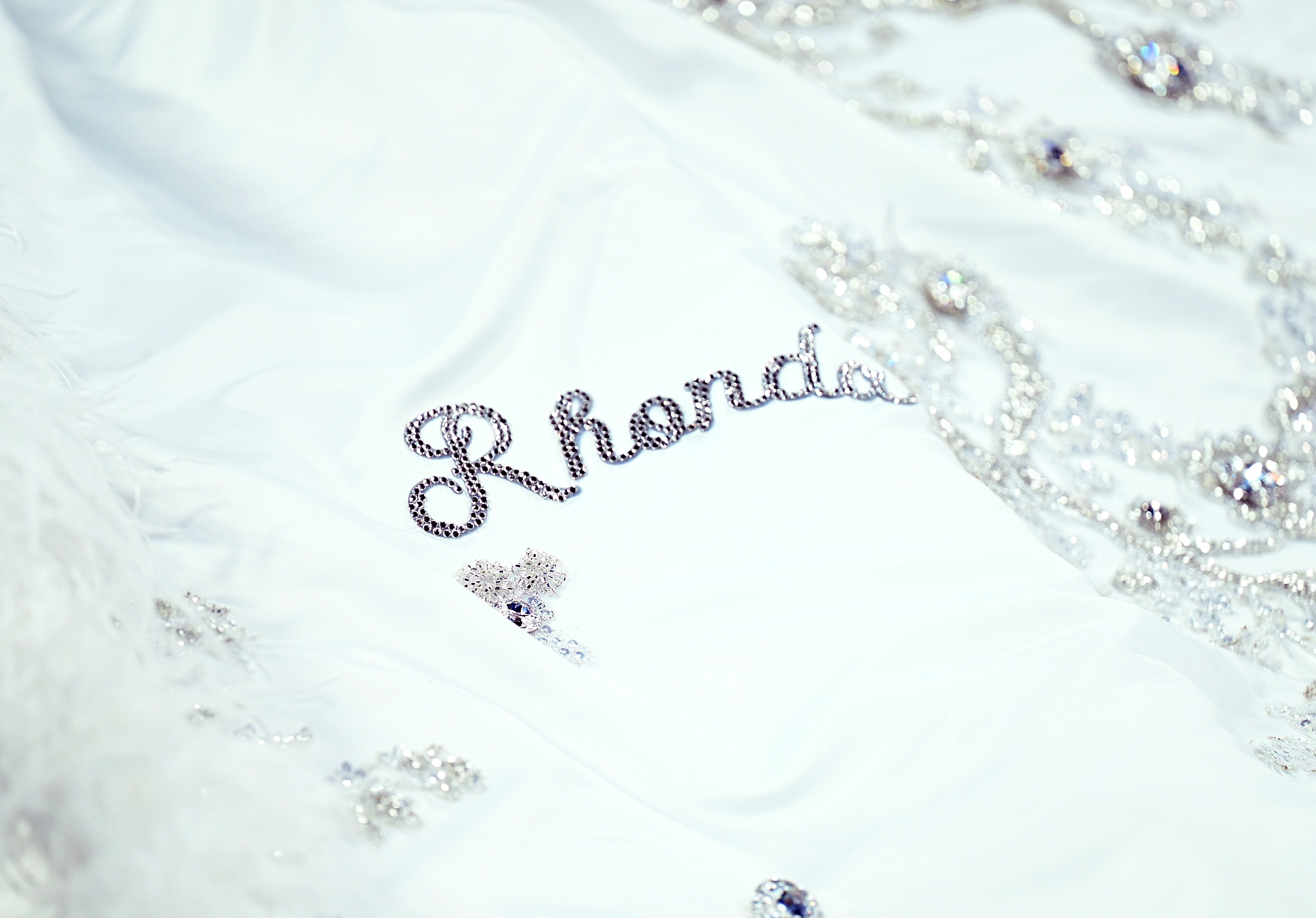 Un gros plan sur la traîne attire l'attention sur la broderie exquise, le nom "Rhonda" étant clairement visible parmi les détails complexes. Les autres noms, ceux de ses enfants et petits-enfants, offrant des aperçus fugaces qui ajoutent du charme à la robe.