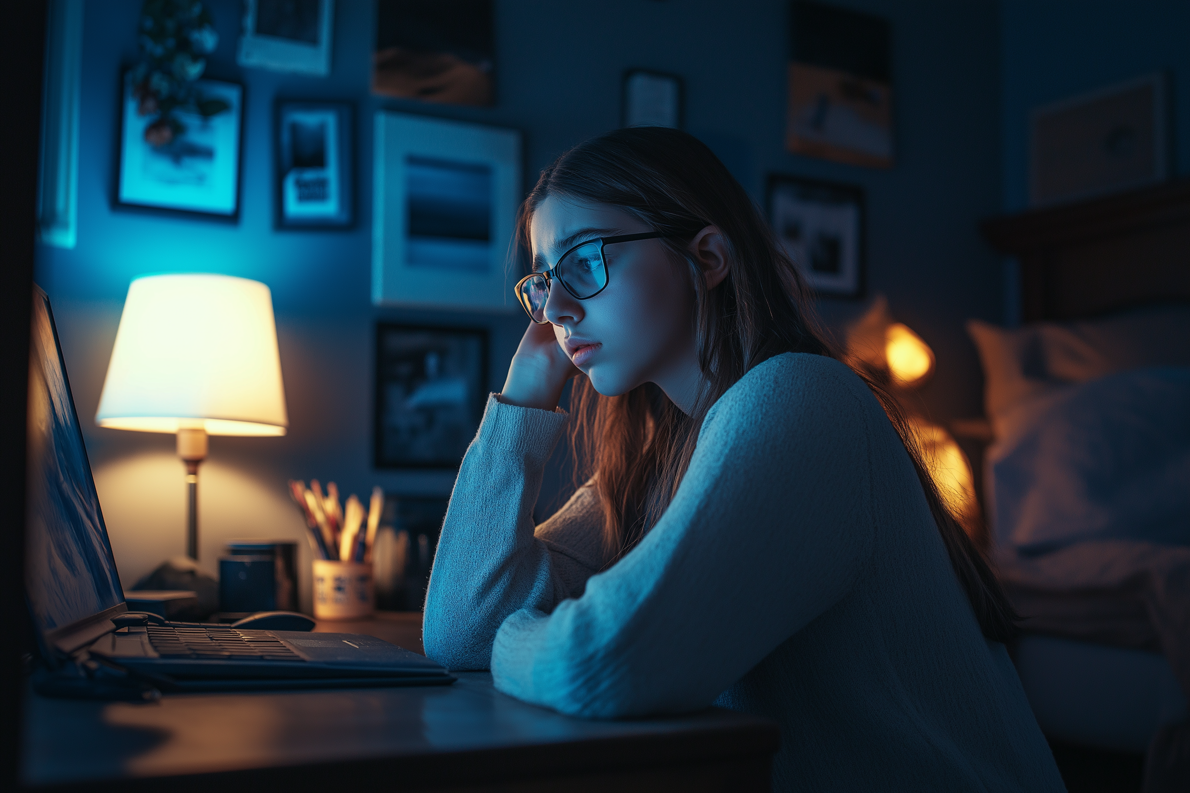 Une adolescente a l'air triste alors qu'elle est assise sur son bureau | Source : Midjourney