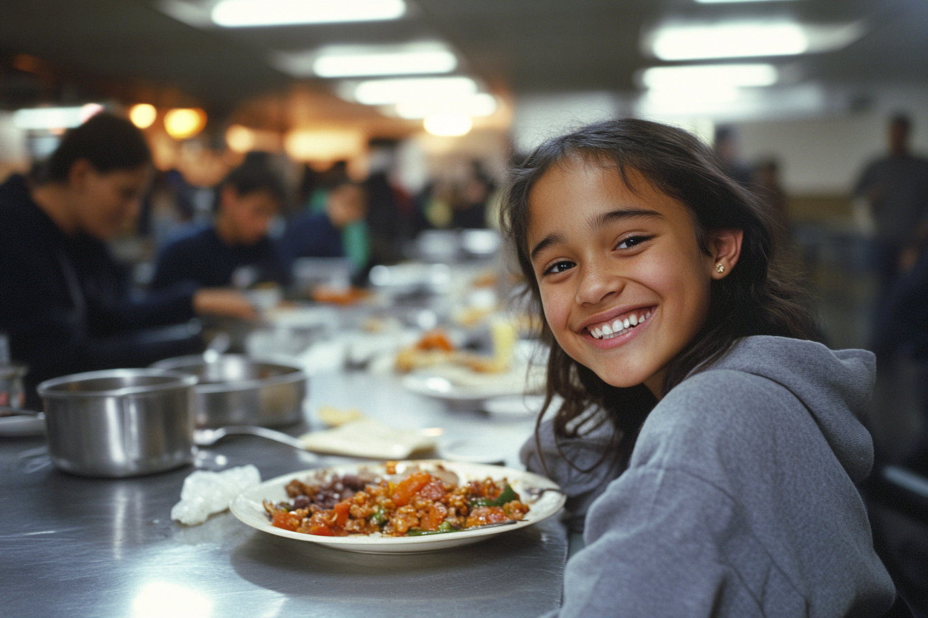 Une adolescente souriant dans une soupe populaire | Source : Midjourney