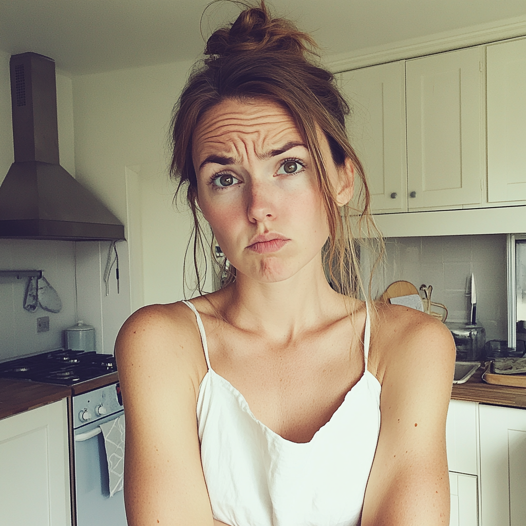 Une femme fronçant les sourcils debout dans une cuisine | Source : Midjourney