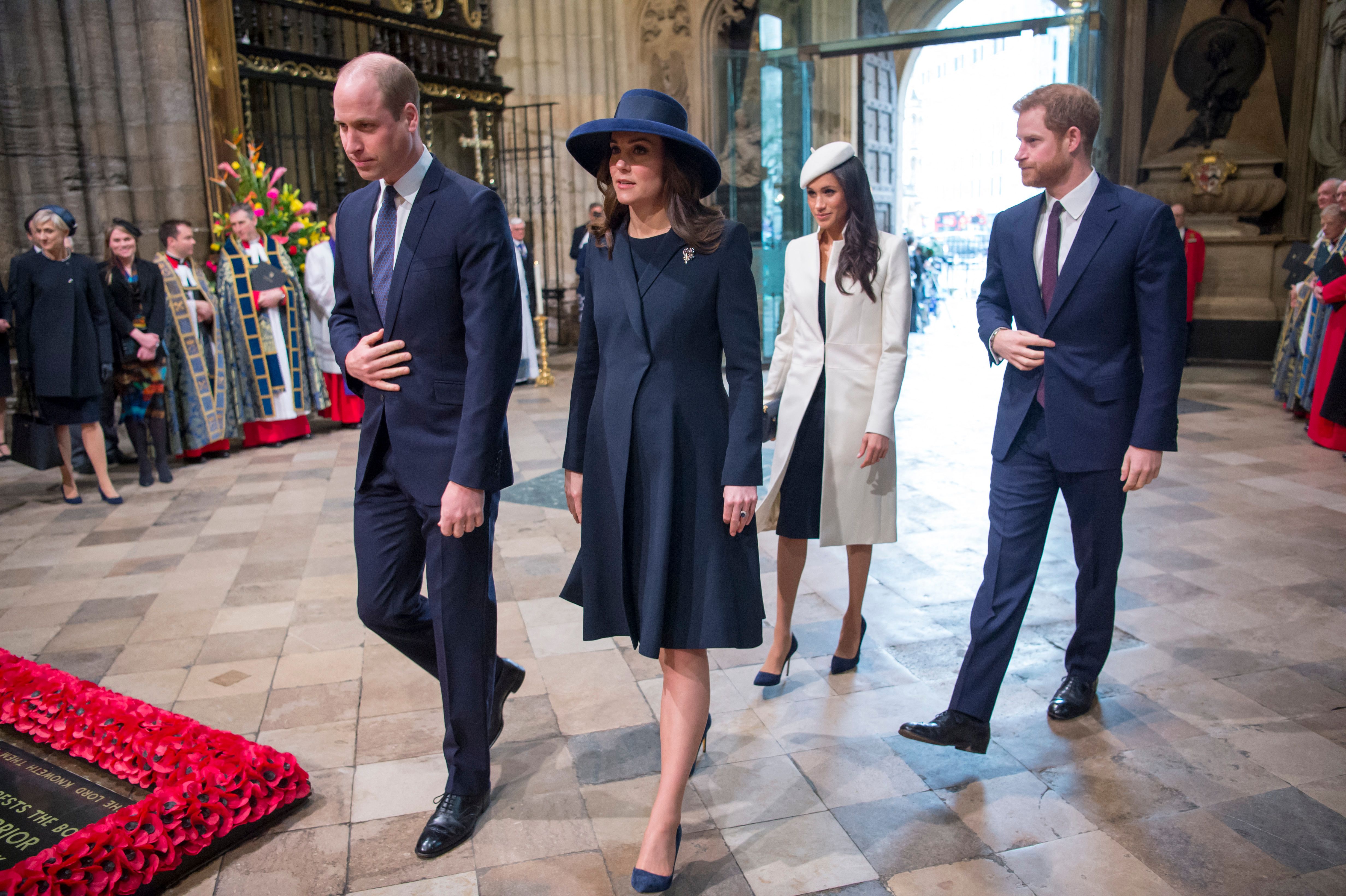 Le prince William, la princesse Catherine, le prince Harry et Meghan Markle lors de la cérémonie du Jour du Commonwealth à l'abbaye de Westminster, dans le centre de Londres, le 12 mars 2018 | Source : Getty Images