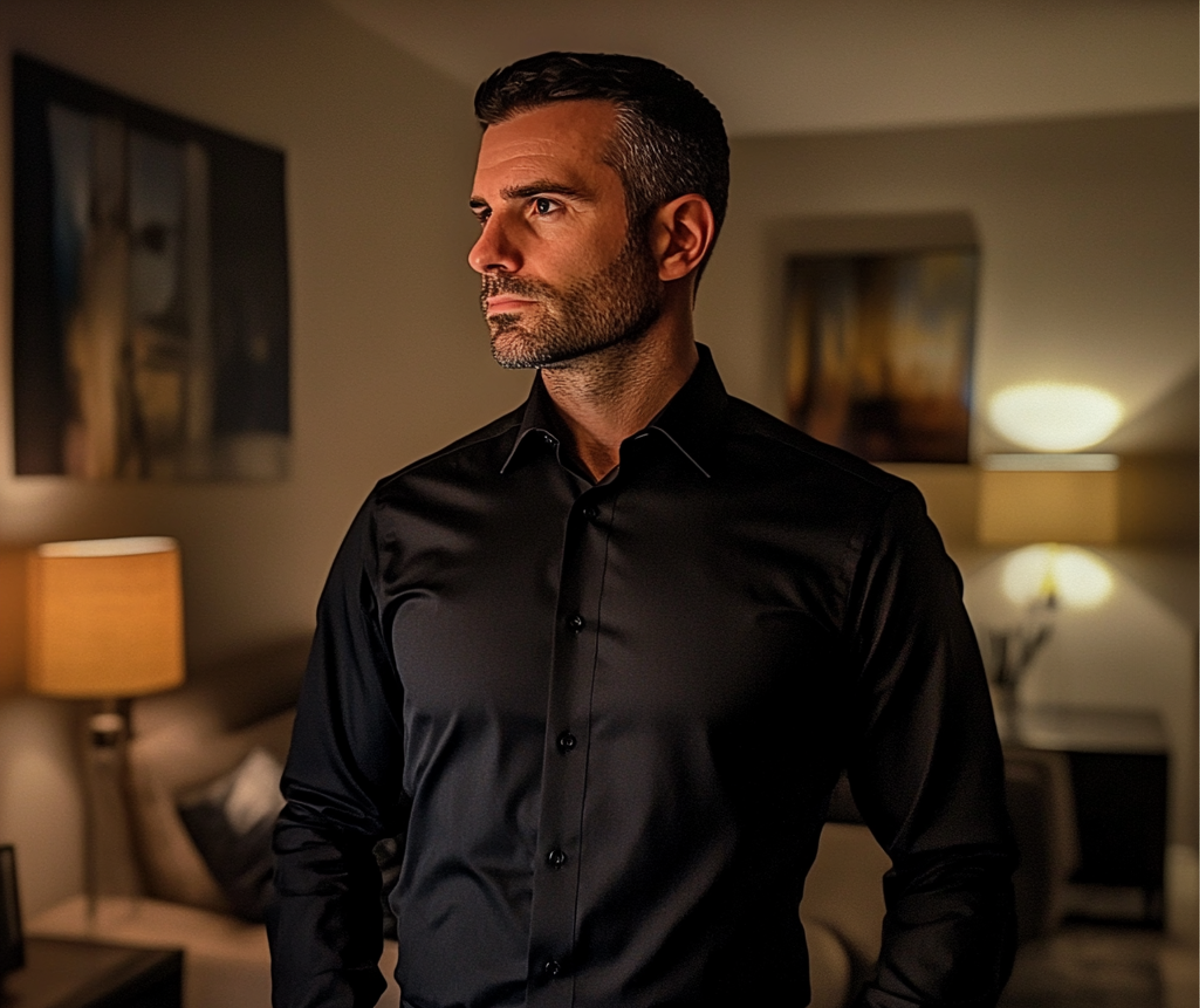 Un homme portant une chemise de cérémonie noire | Source : Midjourney