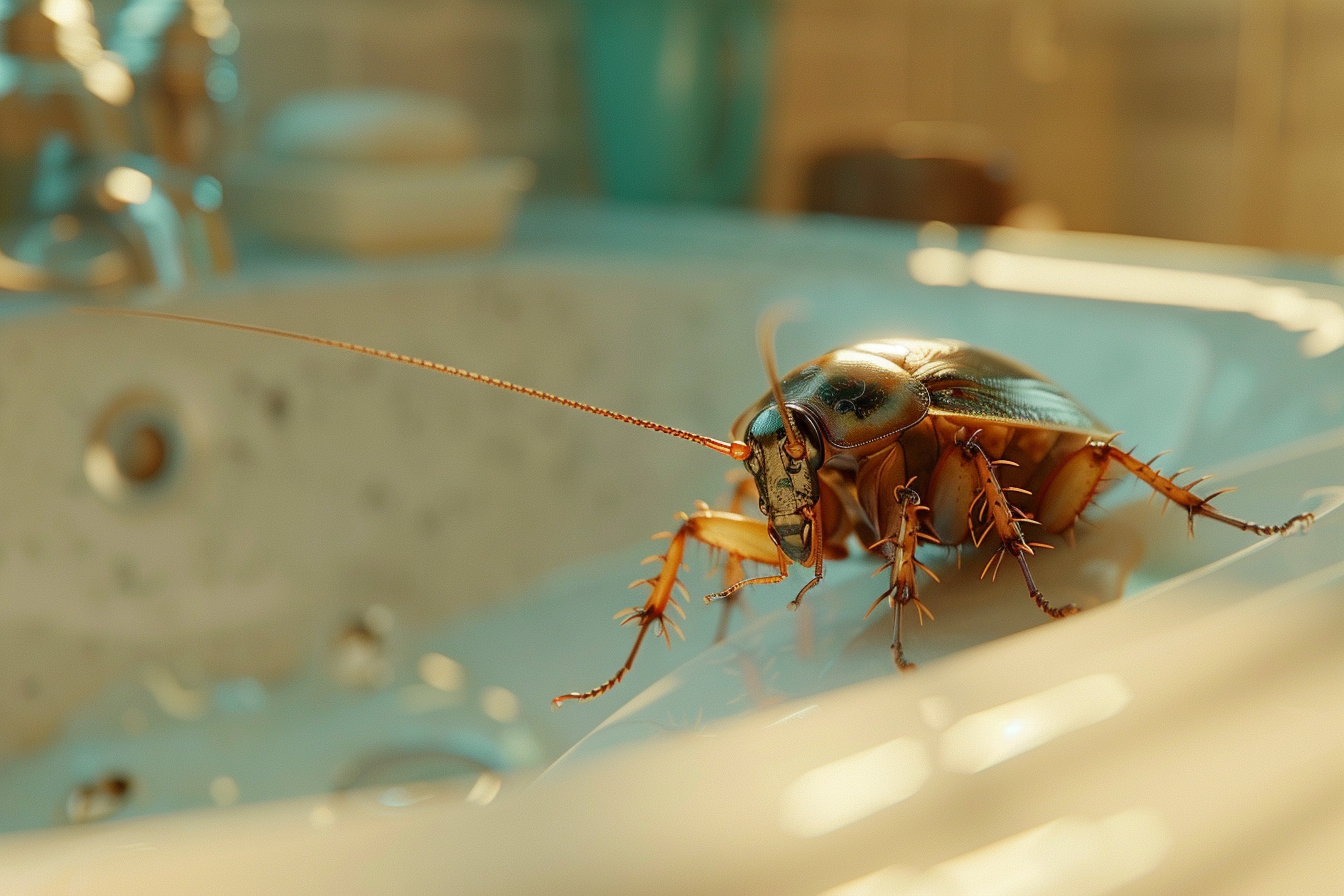 Gros plan d'un cafard sur un lavabo de salle de bain | Source : Midjourney