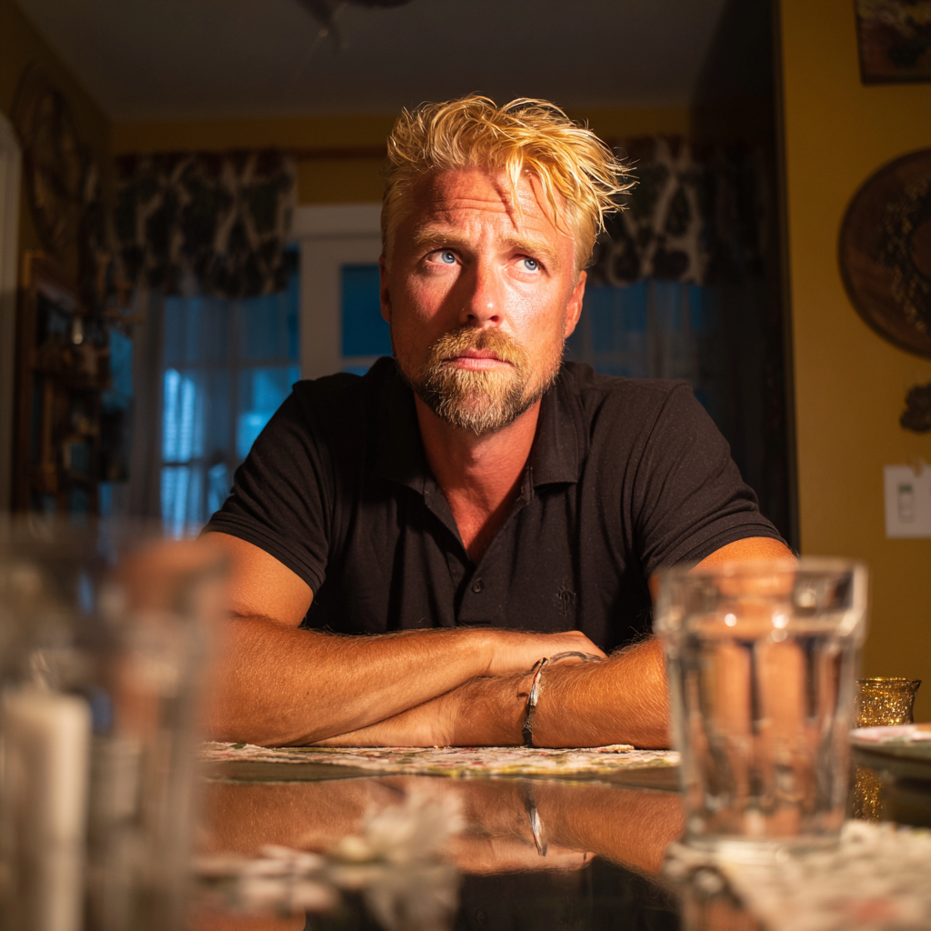Un homme peu impressionné assis à une table à manger | Source : Midjourney