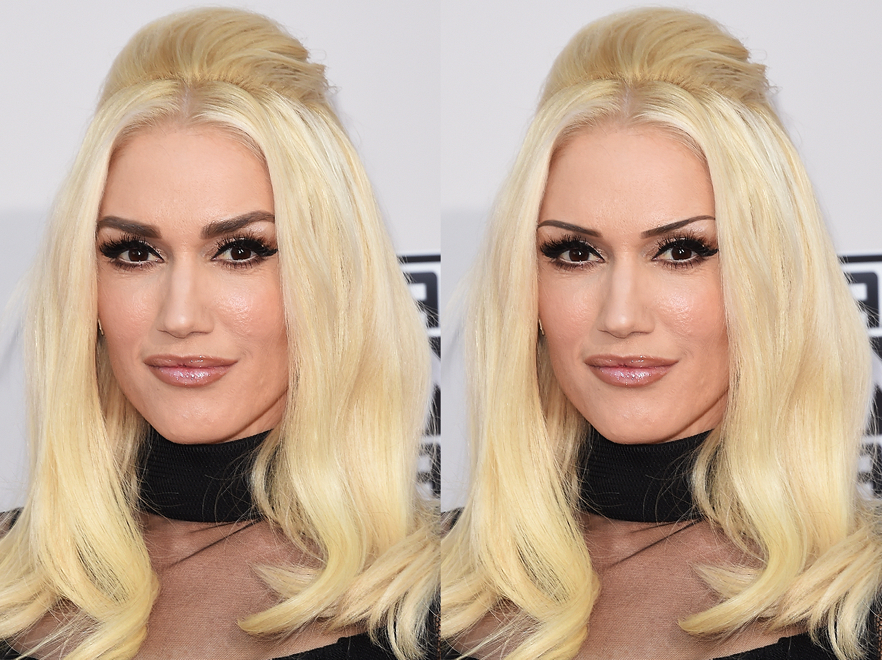 Les sourcils caractéristiques de Gwen Stefani en 2015 vs un look de sourcils fins édité numériquement | Source : Getty Images