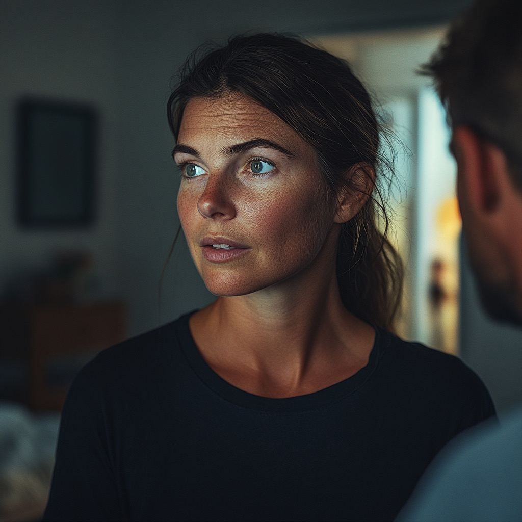 A woman looking away while talking to her husband | Source: Midjourney