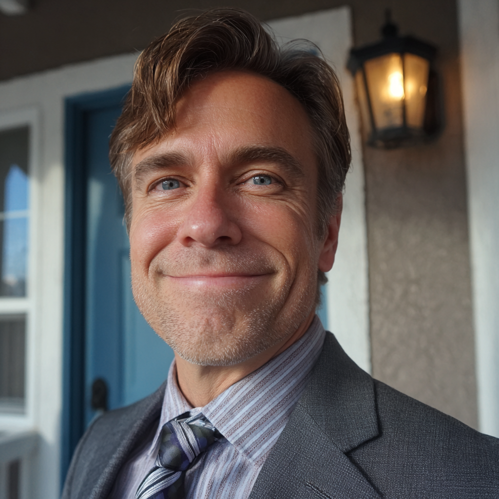 Un homme souriant debout sous un porche | Source : Midjourney