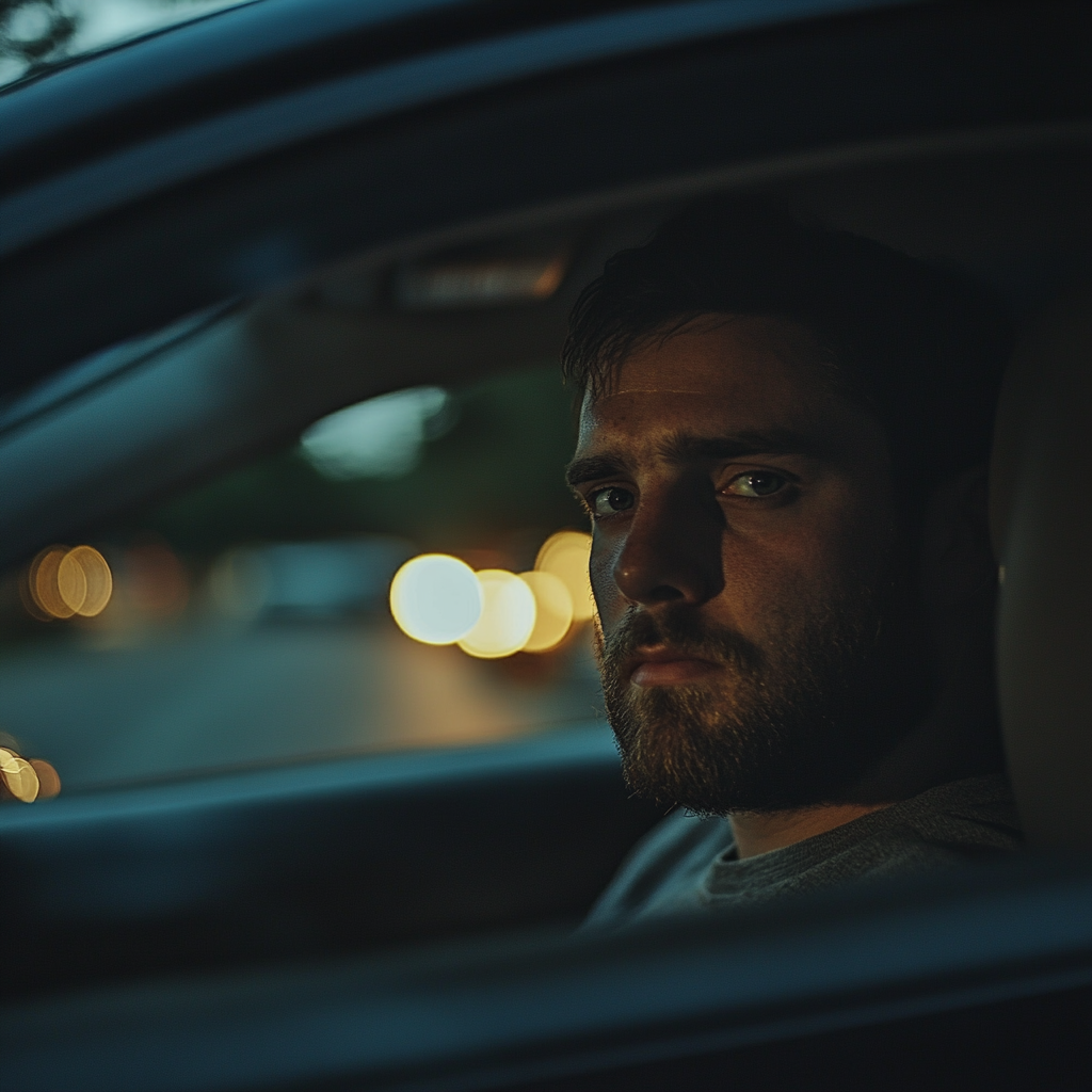 Un homme triste assis dans sa voiture | Source : Midjourney