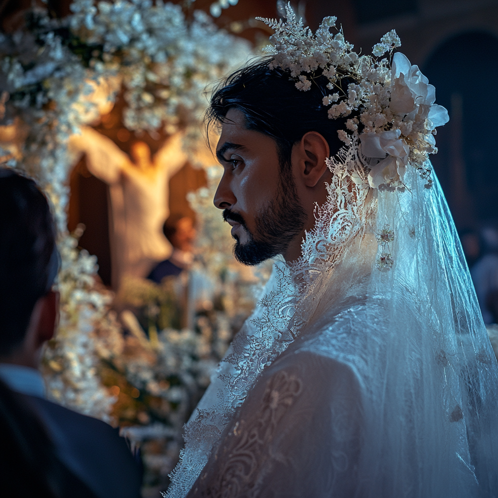 Un homme habillé comme la mariée debout devant l'autel | Source : Midjourney