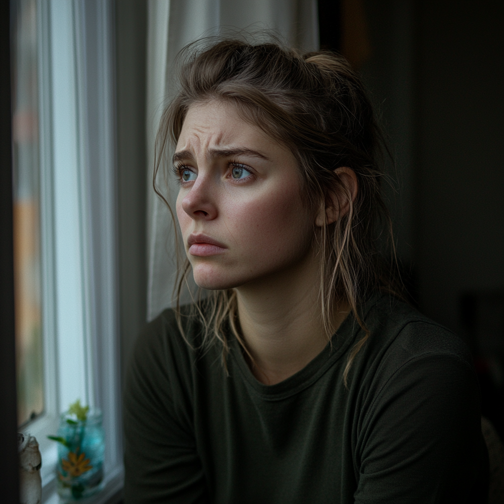 Une femme semble inquiète et perdue dans ses pensées | Source : Midjourney