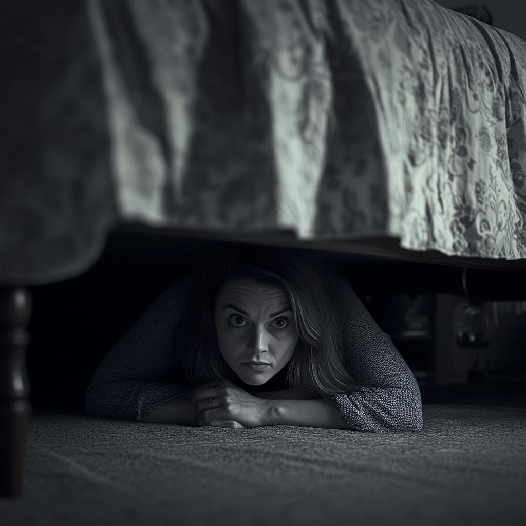 Photo d'une femme qui se cache sous son lit | Source : Midjourney