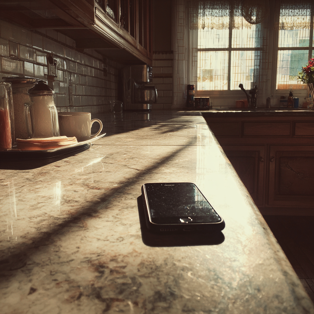 Un téléphone portable sur un comptoir de cuisine | Source : Midjourney