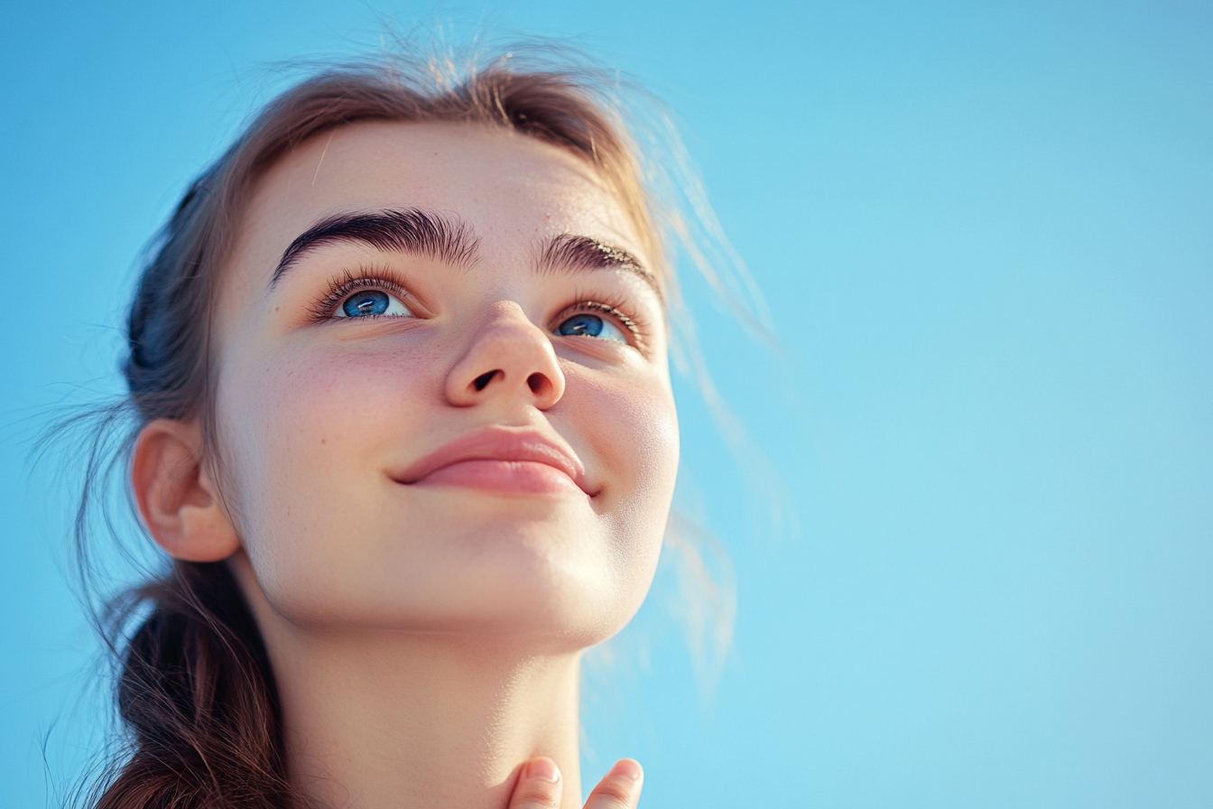 Une femme qui sourit en regardant le ciel | Source : Midjourney