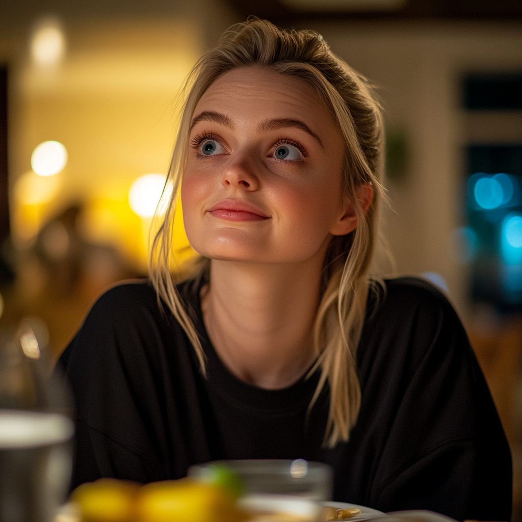 Une femme qui regarde quelqu'un à la table du dîner | Source : Midjourney