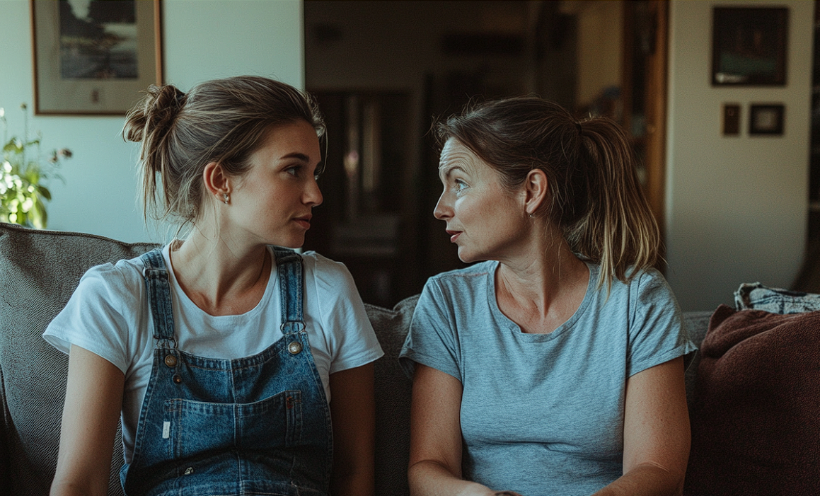 Deux femmes parlent alors qu'elles sont assises sur un canapé | Source : Midjourney