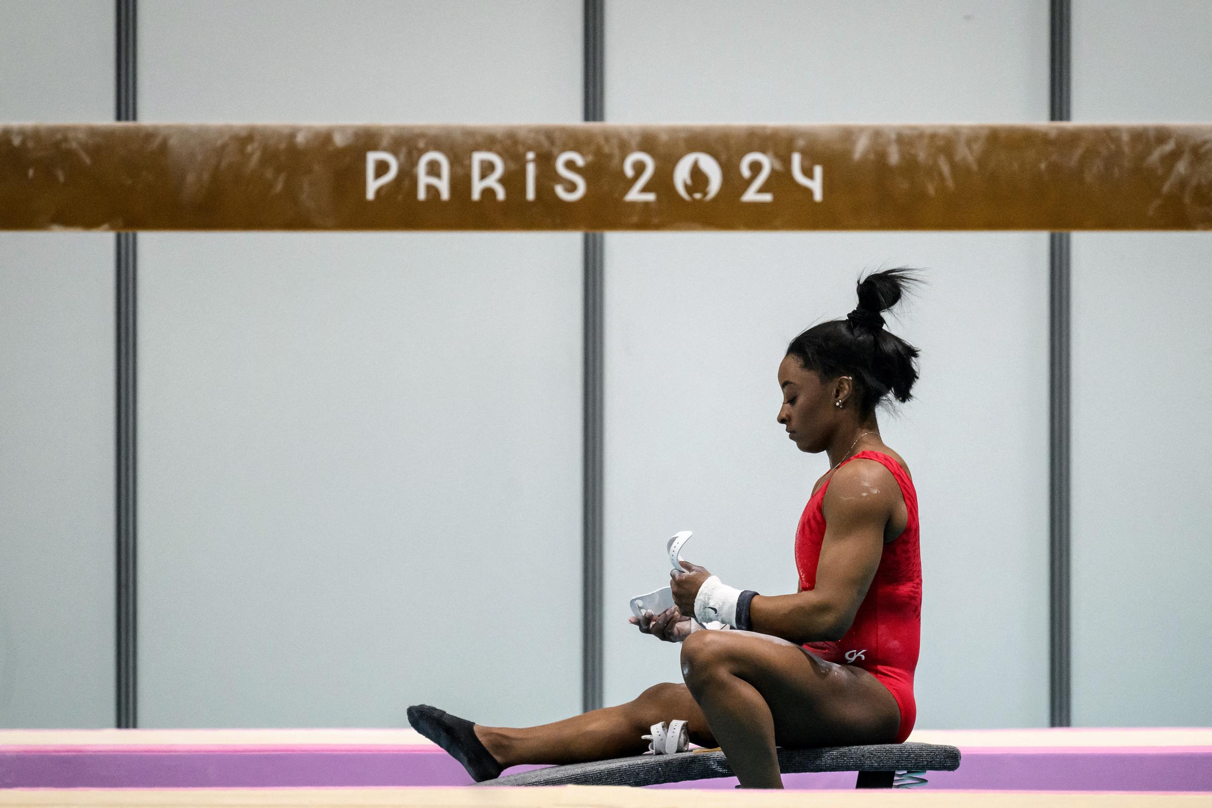 Simone Biles lors d'une séance d'entraînement au centre d'entraînement de gymnastique du Bourget, en France, le 22 juillet 2024 | Source : Getty Images