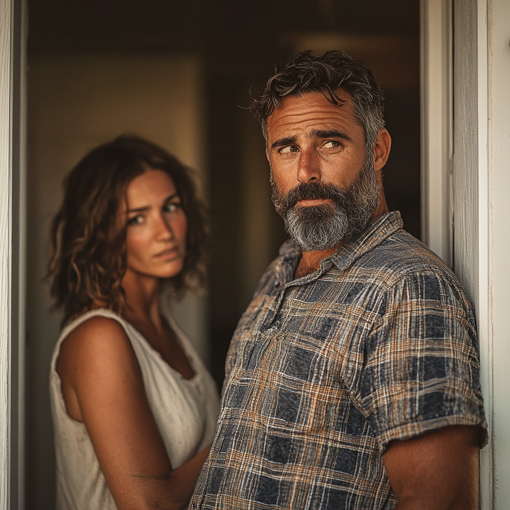 Un homme et sa femme debout sur la porte | Source : Midjourney