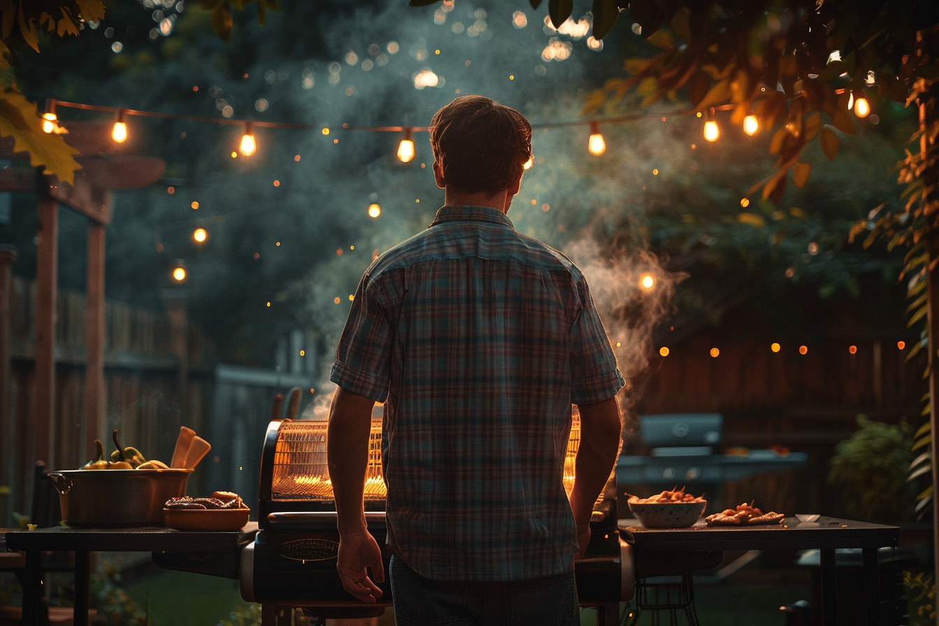 Vue arrière d'un homme près d'un gril de barbecue | Source : Midjourney