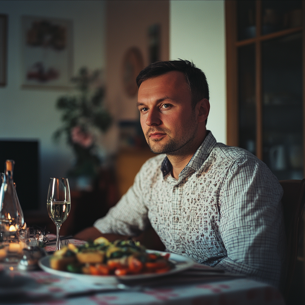 Un homme sérieux à table lors d'une fête | Source : Midjourney