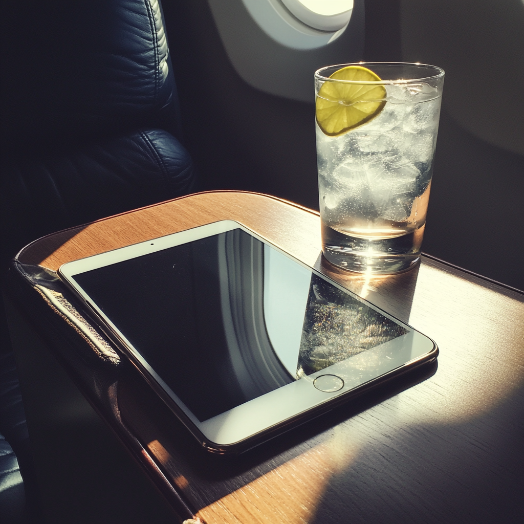 Un iPad et une boisson sur une table de vol | Source : Midjourney